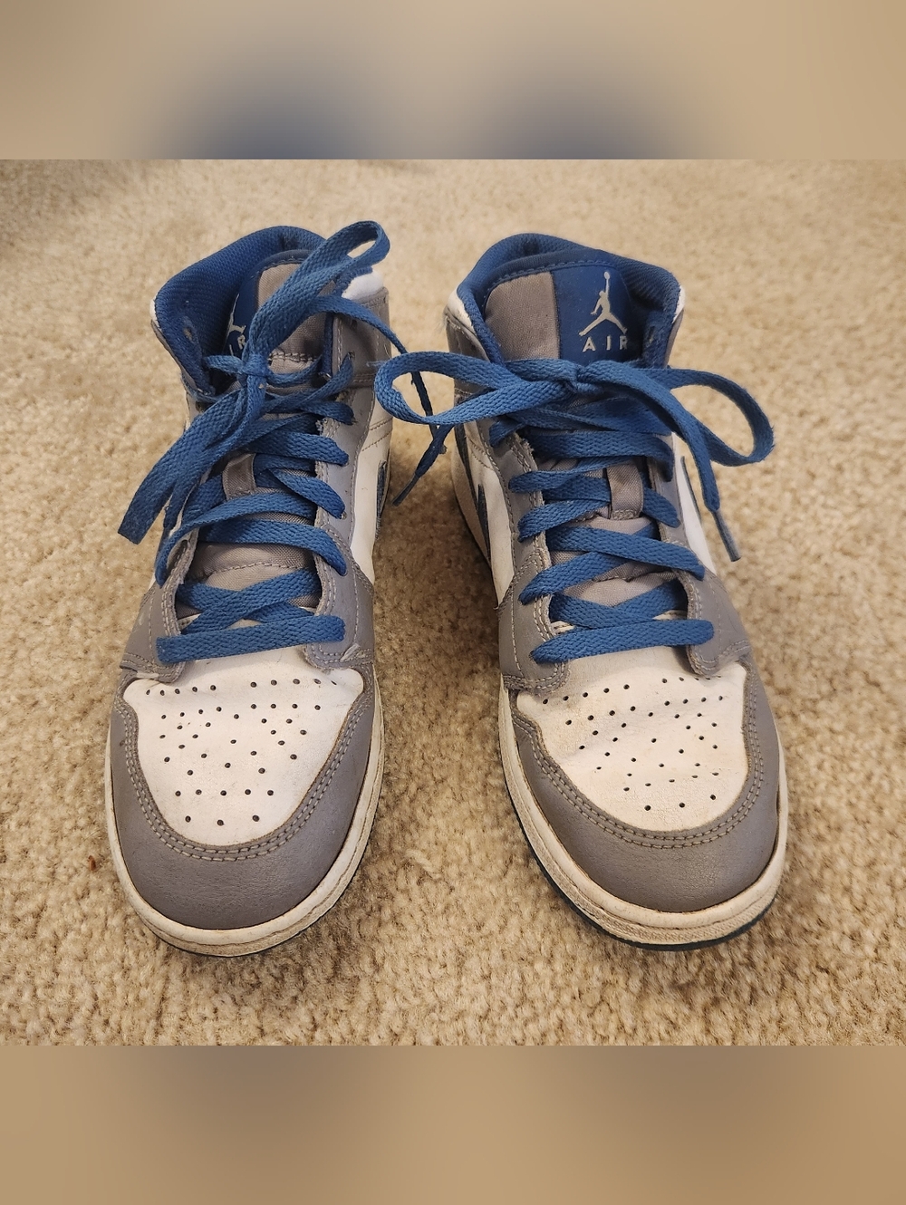 Size 7Y Boys Youth Air Jordan 1 Mid Cement True Blue White Sneakers Shoes